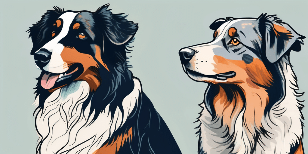 An english shepherd and an australian shepherd side by side