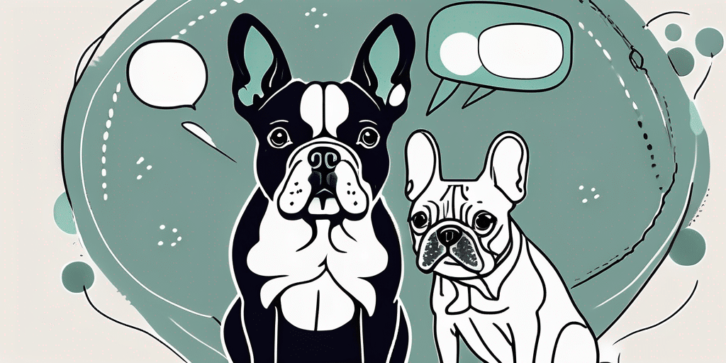 A french bulldog and a boston terrier in a playful stance