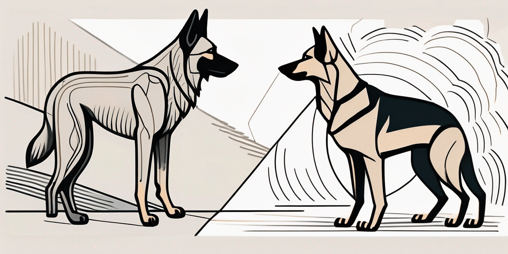 A german shepherd and a wolf side by side in a neutral environment