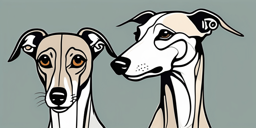 A greyhound and an italian greyhound side by side in a neutral setting