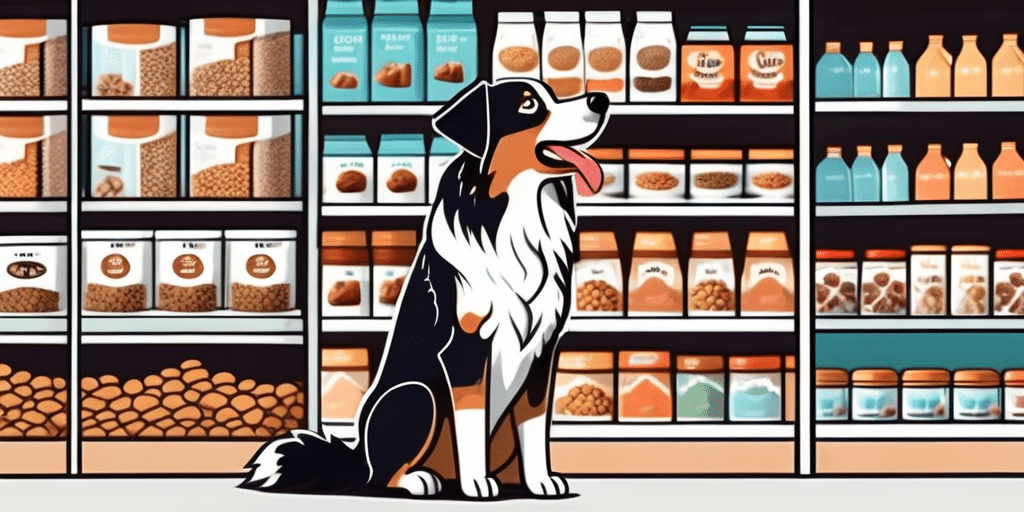 An australian shepherd dog examining different types of dog food placed on a supermarket shelf