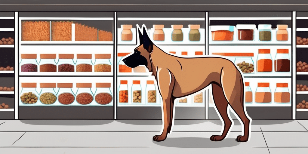 A belgian malinois dog examining different types of dog food on a pet store shelf