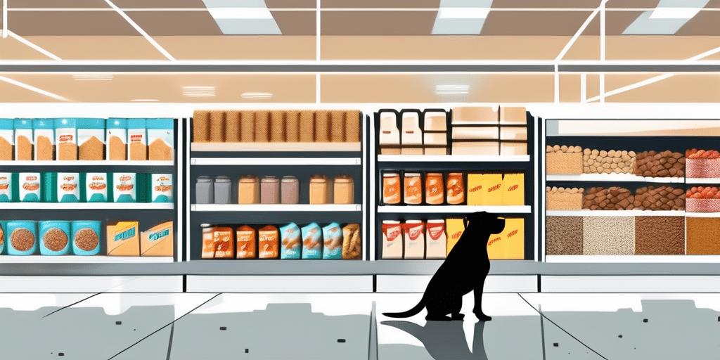 A cane corso dog examining a variety of high-quality dog food packages in a shopping aisle