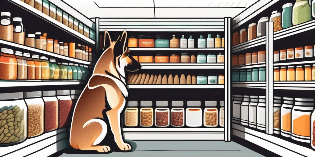 A german shepherd examining various types of dog food displayed on a store shelf