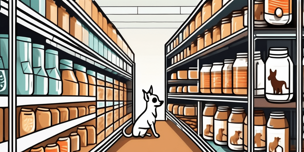 A chihuahua examining a variety of dog food packages on a store shelf