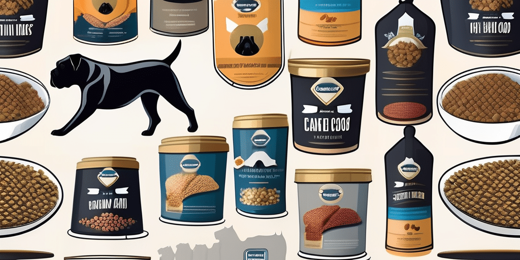 A cane corso dog looking at a variety of dog food brands