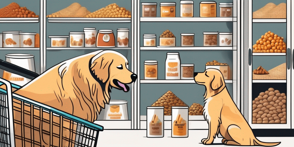 A golden retriever happily sniffing at various types of dog food placed in shopping baskets