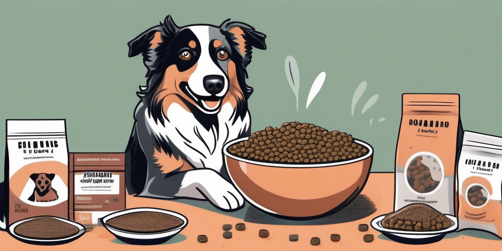 A mini australian shepherd happily eating from a bowl filled with nutritious dog food