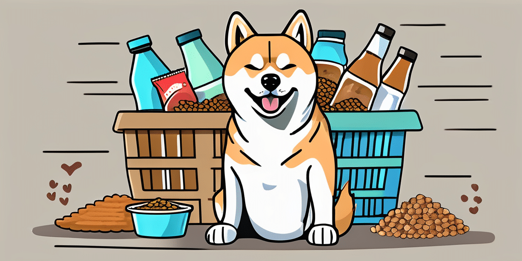 A shiba inu dog happily sniffing an assortment of high-quality dog food products in a shopping basket