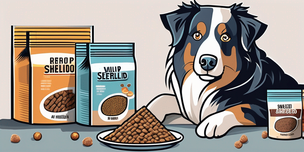 An australian shepherd dog examining a variety of dog food packages