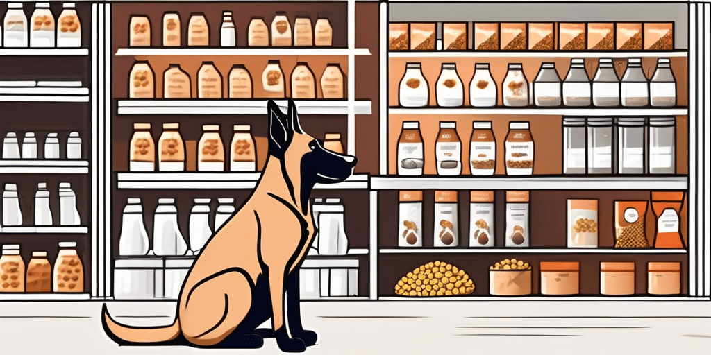 A belgian malinois dog examining various brands of dry dog food on a store shelf