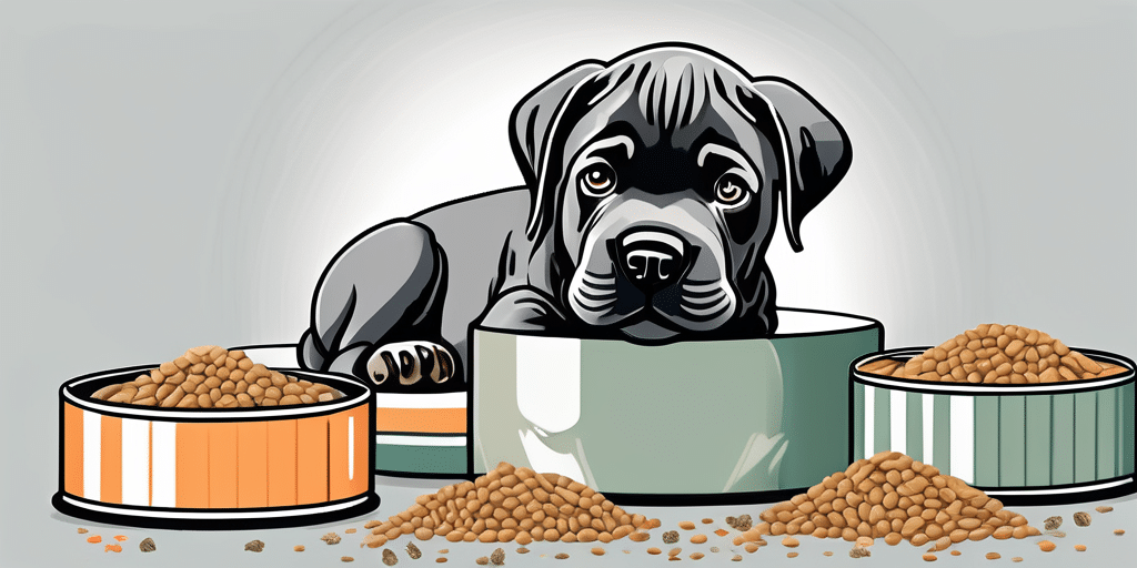 A cane corso puppy happily chewing on a piece of dry food