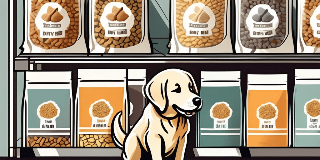 A golden retriever puppy excitedly sniffing around a selection of different dry food bags