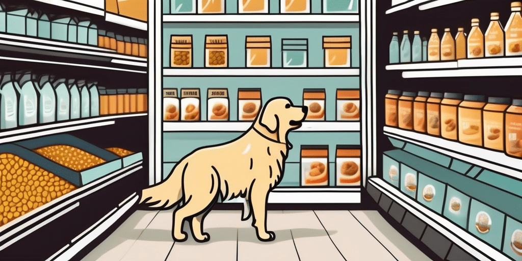 A golden retriever happily sniffing various bags of dry dog food on a supermarket shelf