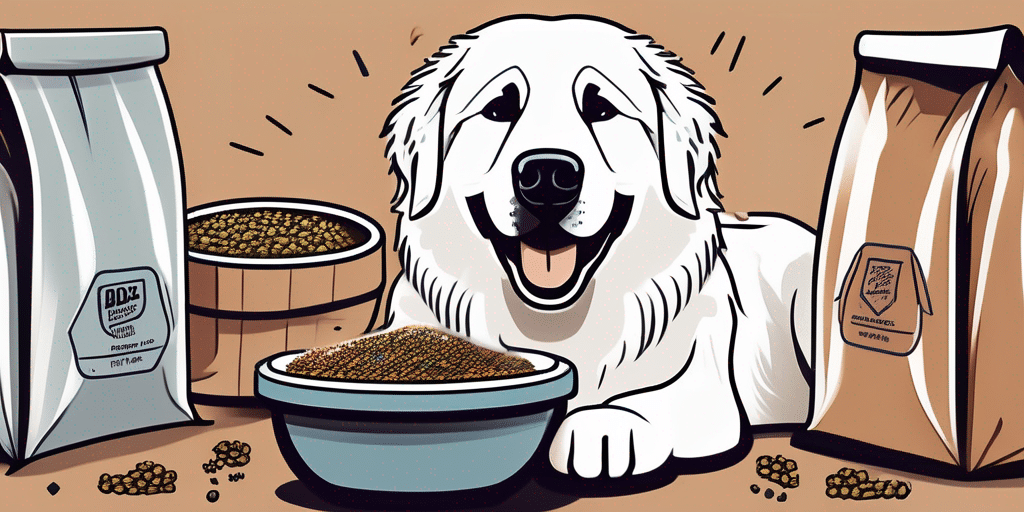 A great pyrenees dog happily eating from a bowl filled with dry food