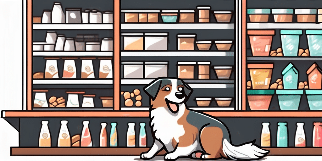 An australian shepherd dog happily examining a variety of dry food bags on a pet store shelf