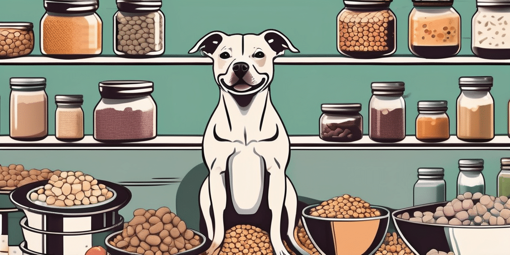 A pitbull / chihuahua mix dog happily surrounded by a variety of healthy dog foods and treats