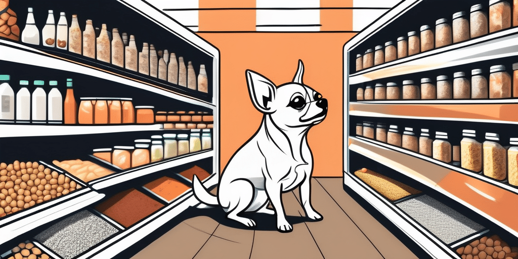 An overweight chihuahua examining a variety of healthy dog food options on a supermarket shelf