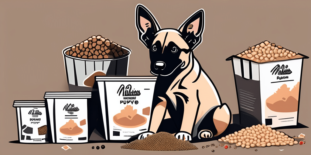 A belgian malinois puppy happily eating from a bowl filled with nutritious puppy food