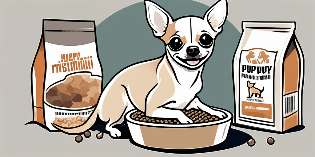 A chihuahua puppy happily eating from a bowl filled with high-quality puppy food