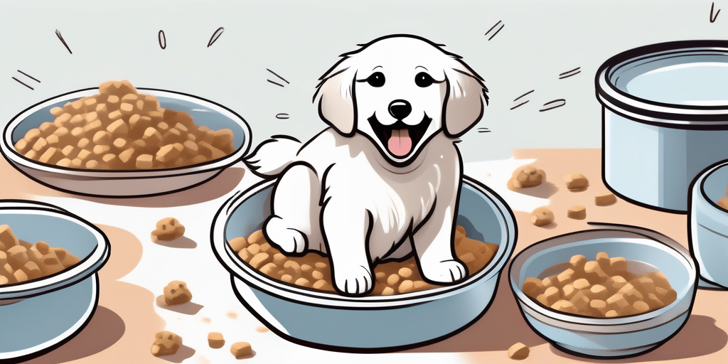 A great pyrenees puppy joyfully eating from a bowl filled with nutritious puppy food