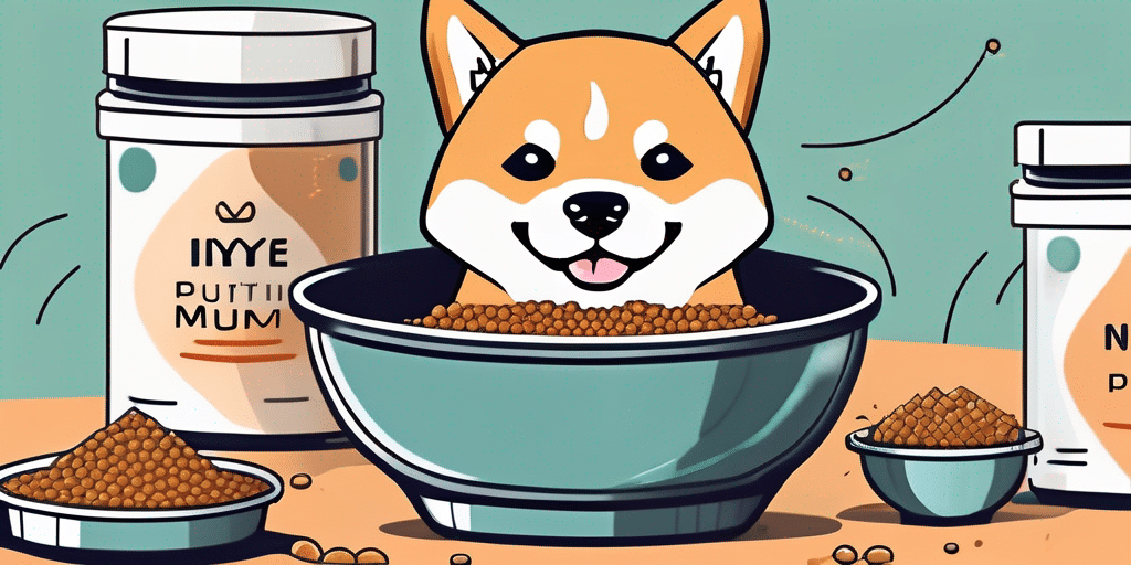 A shiba inu puppy happily munching on nutritious food from a bowl