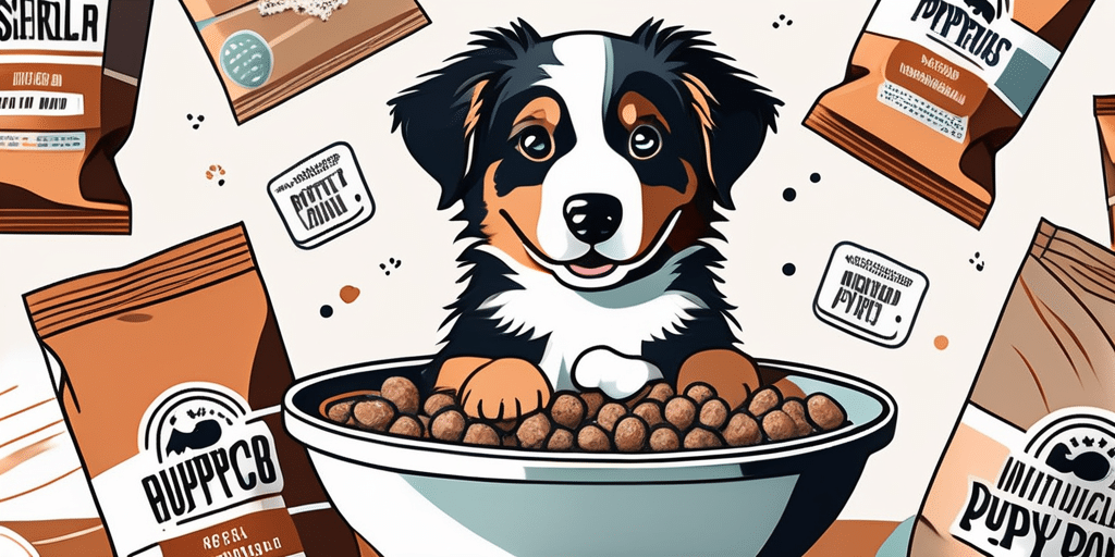 An australian shepherd puppy happily eating from a bowl filled with nutritious puppy food