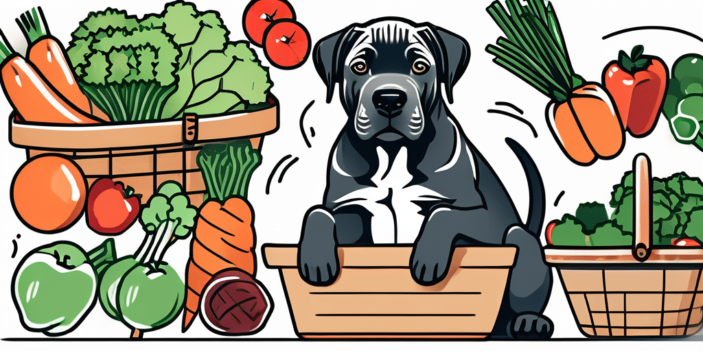 A cane corso puppy happily munching on raw food items like vegetables