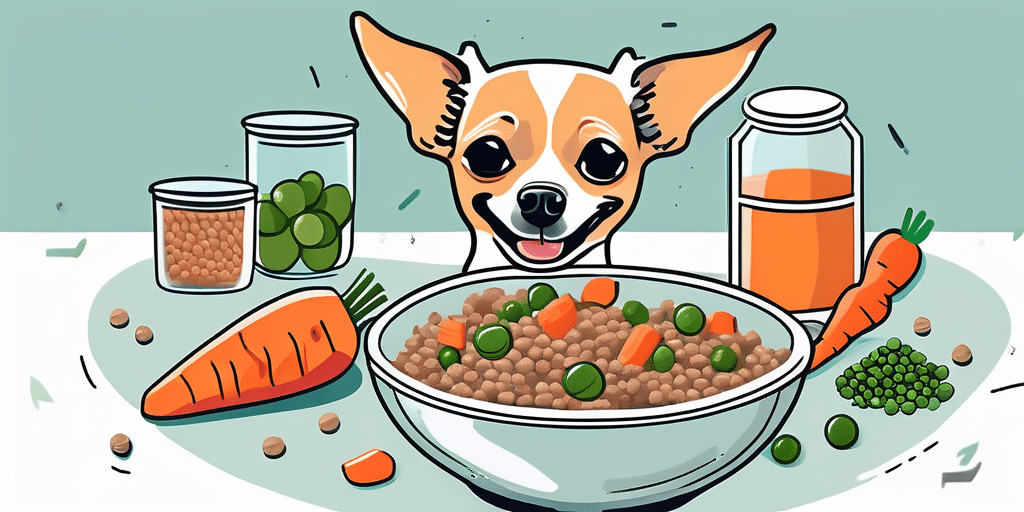 A chihuahua dog happily eating from a bowl filled with healthy