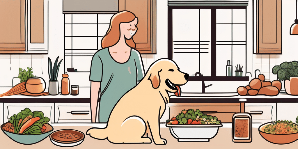 A golden retriever happily eating from a bowl filled with nutritious food