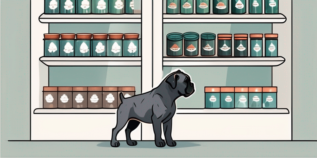 A cane corso puppy eagerly looking at various cans of wet dog food on a shelf