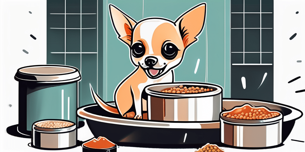 A chihuahua puppy happily eating from a bowl filled with wet food